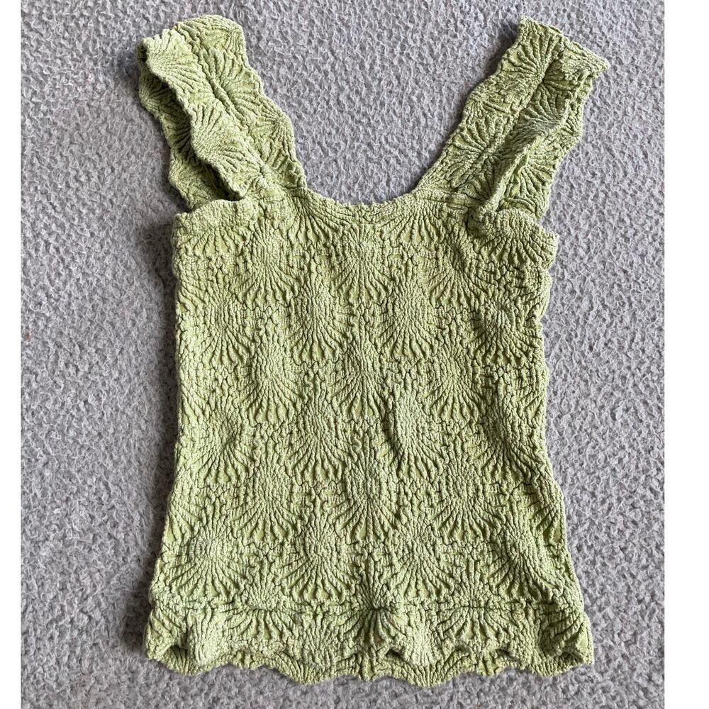 Boho Fairy Tank Top XS Cropped Square Neck Embroidered Stretch Green Cottage